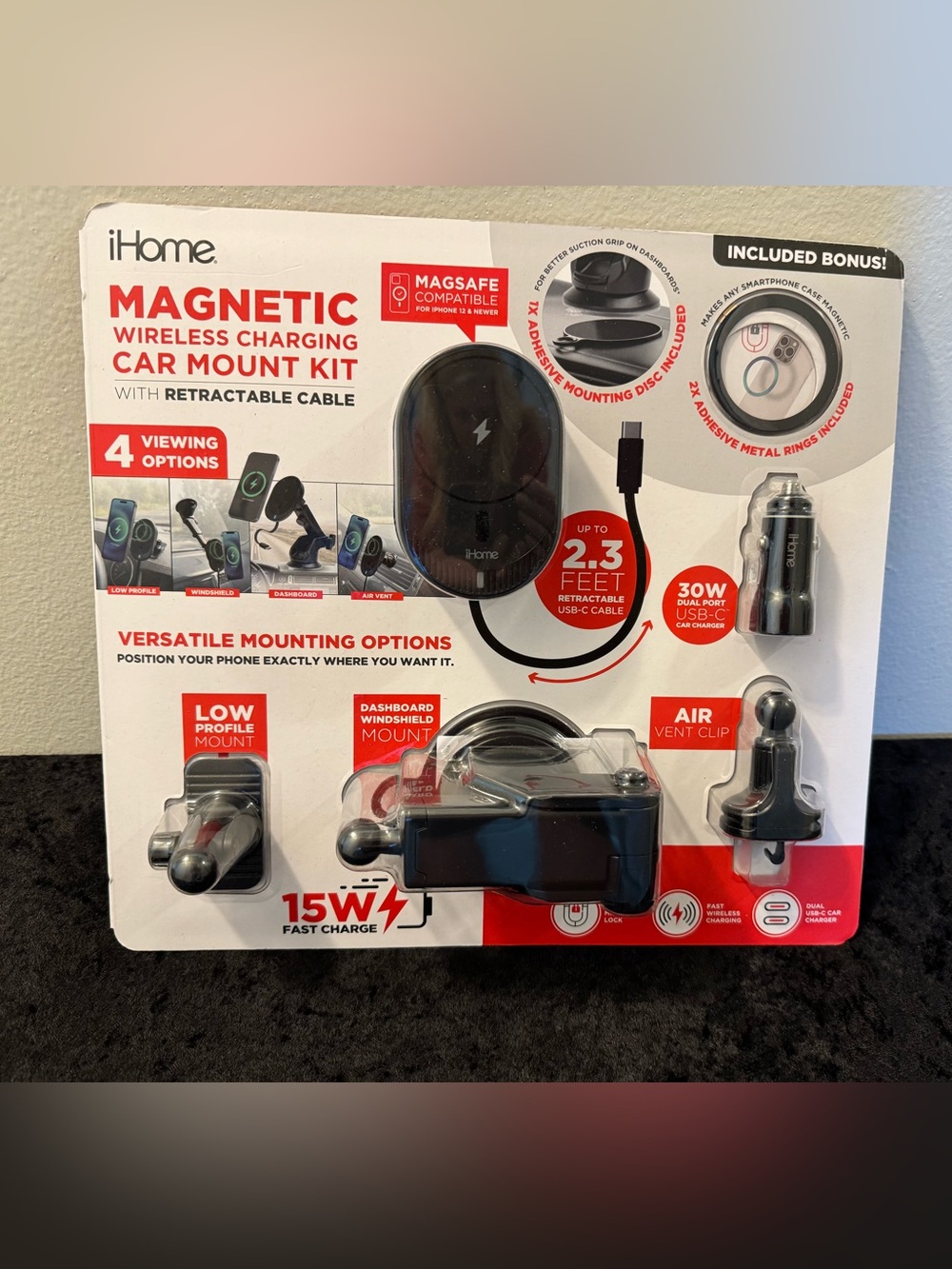 iHome Magnetic Wireless Charging Car Mount Kit in Black and Red